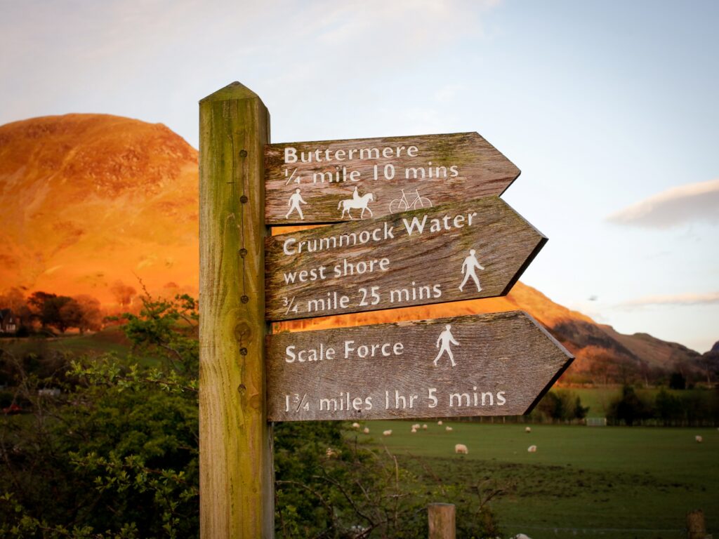 Sign to Buttermere, Crummock Water, and Scale Force