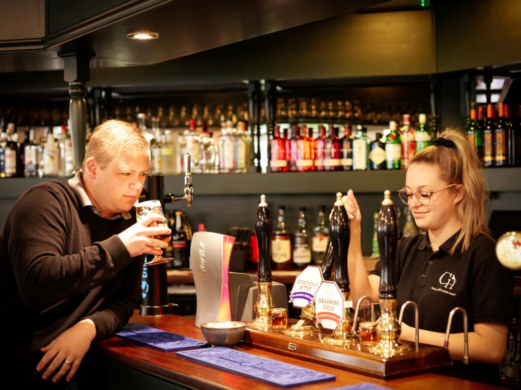 Drinking a pint at the High Stile Kitchen's bar.