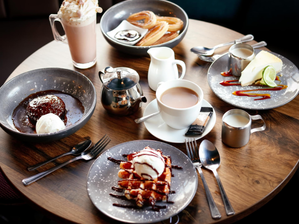 Range of desserts with hot drinks at the High Stile Kitchen